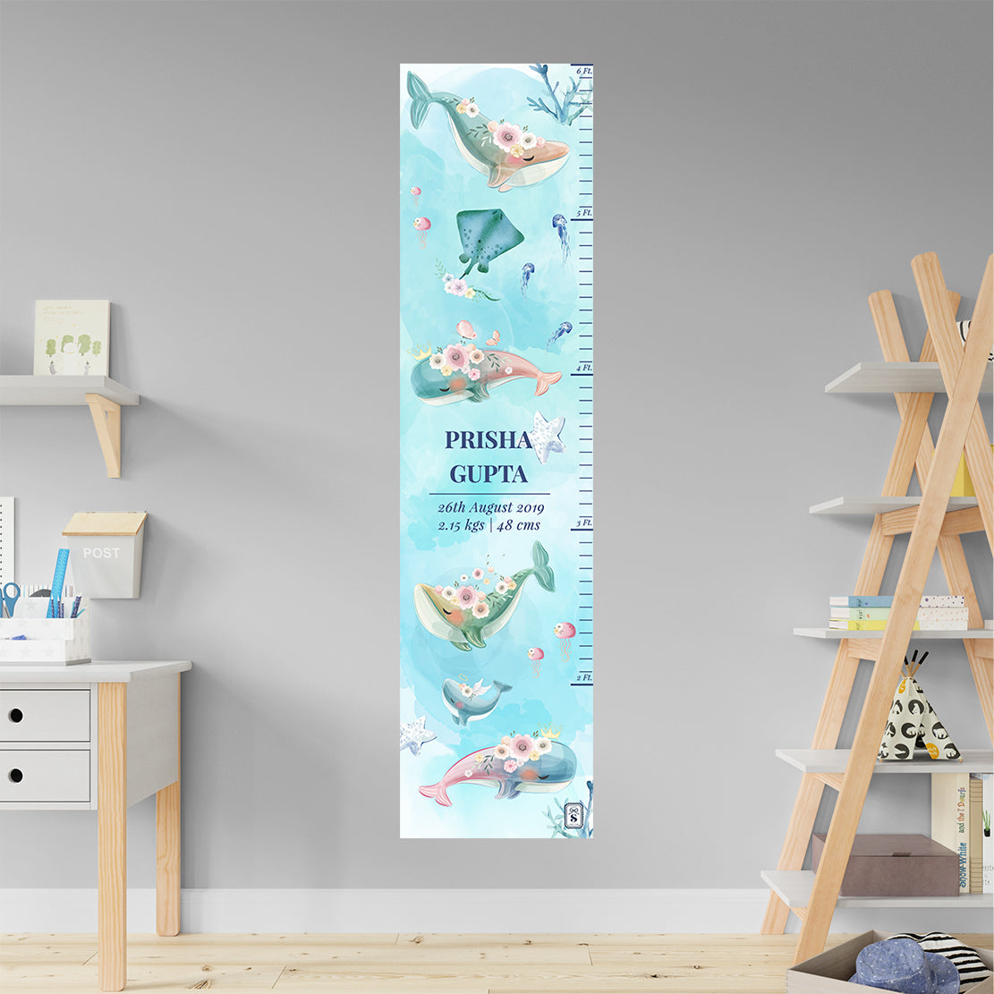 Floral Whales Height Chart - Blue Watercolor