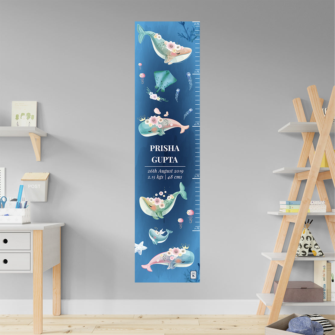 Floral Whales Height Chart - Navy Gradient