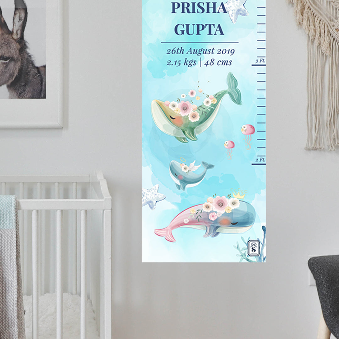 Floral Whales Height Chart - Blue Watercolor