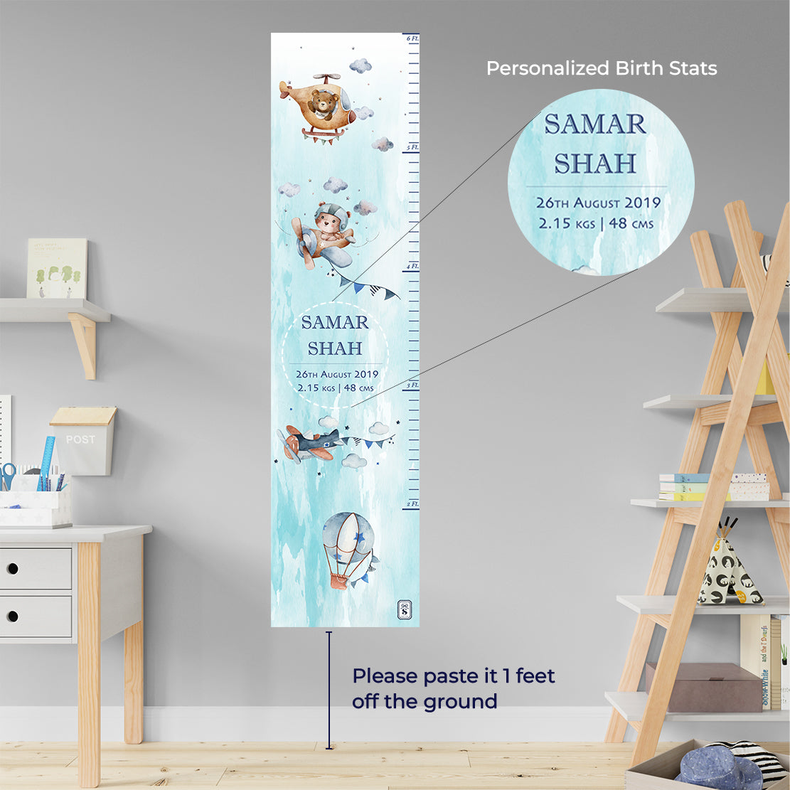 Teddy's Flight Height Chart - Blue Watercolor