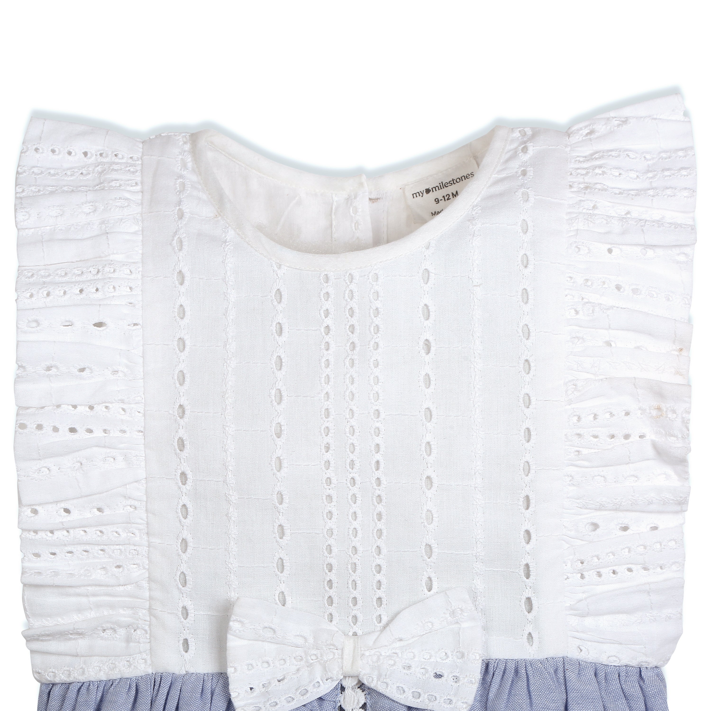 My Milestones Luna Sky Pure Cotton Eyelet Short Romper with Ruffles & Lace Details - White & Blue