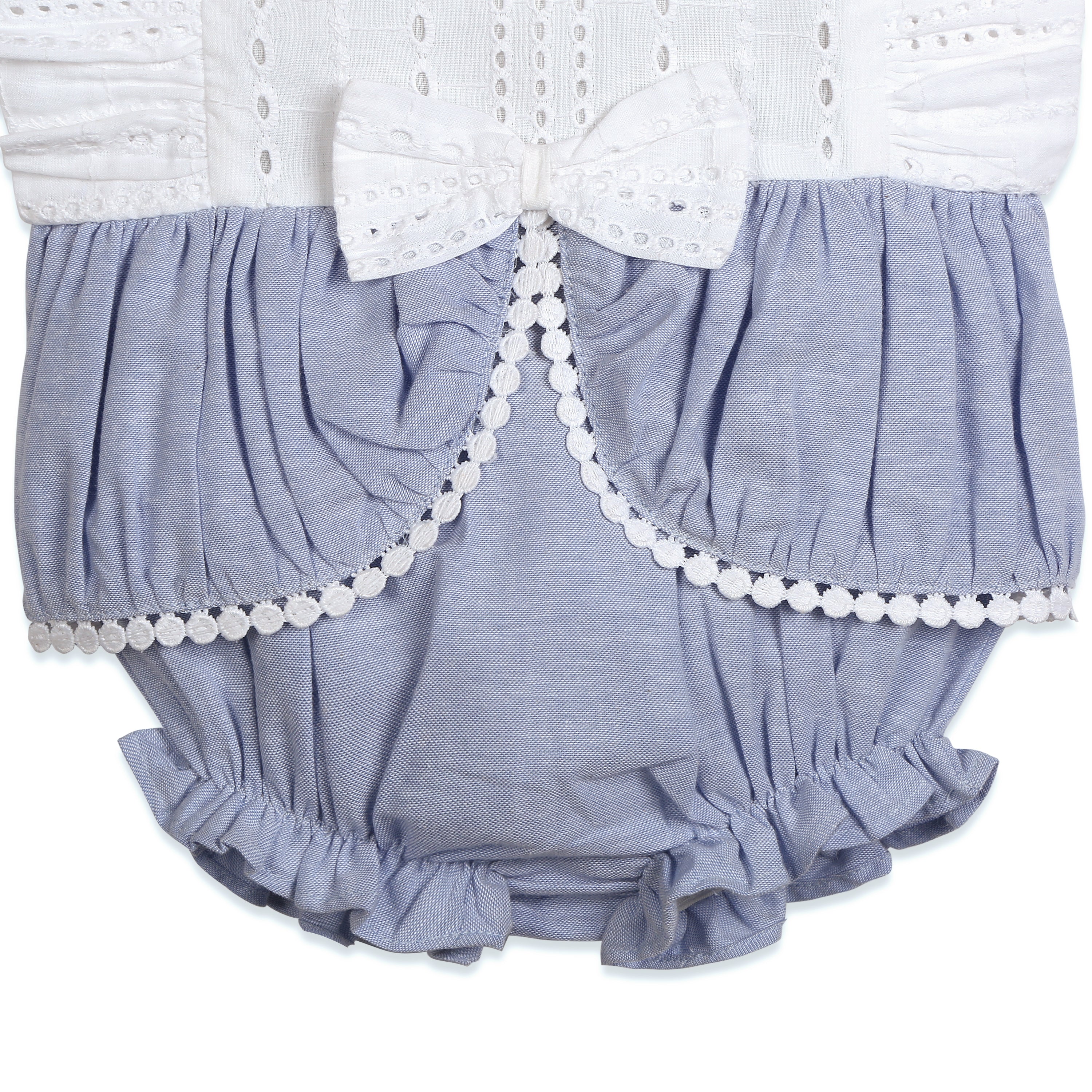 My Milestones Luna Sky Pure Cotton Eyelet Short Romper with Ruffles & Lace Details - White & Blue