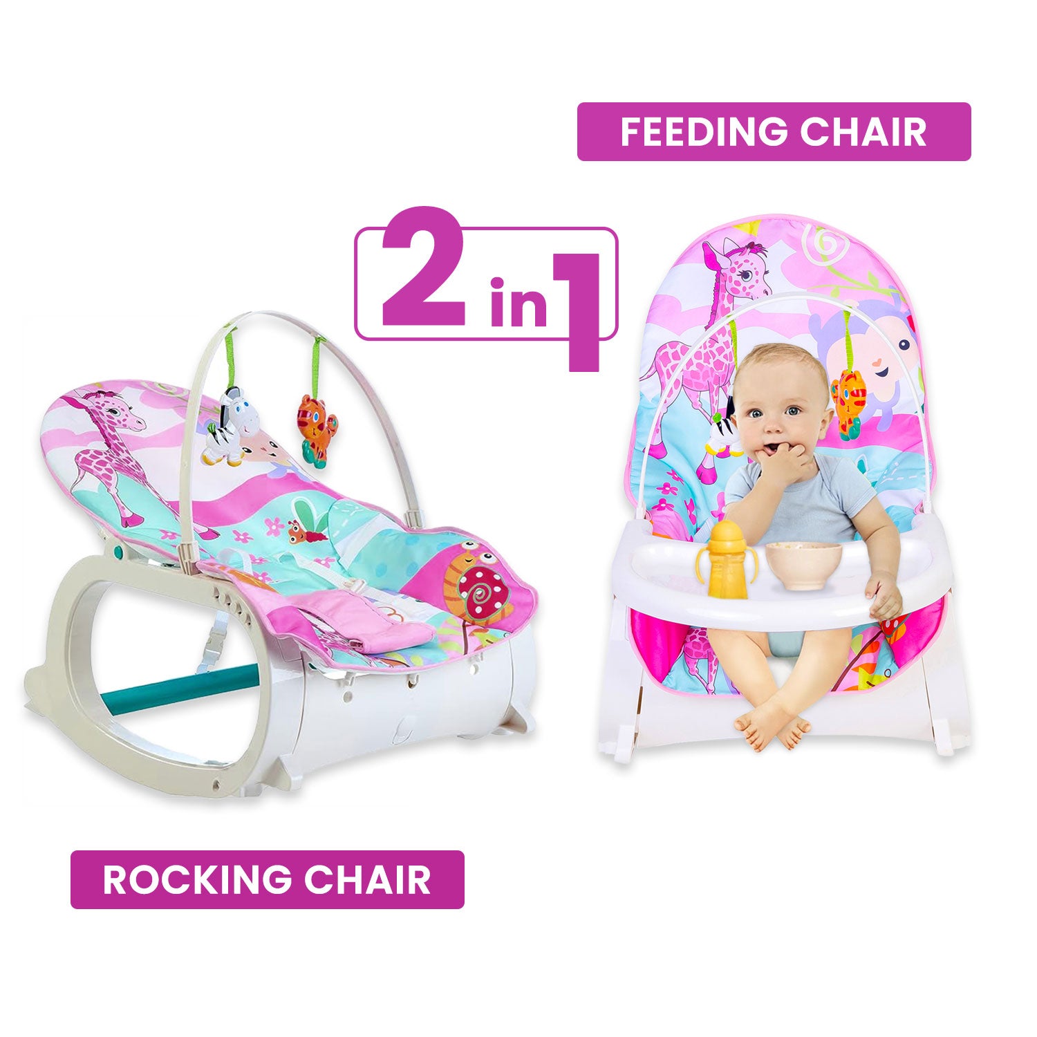 Baby Moo 2 In 1 Rocker Cum Feeding Chair 20 Kg Pink /Green