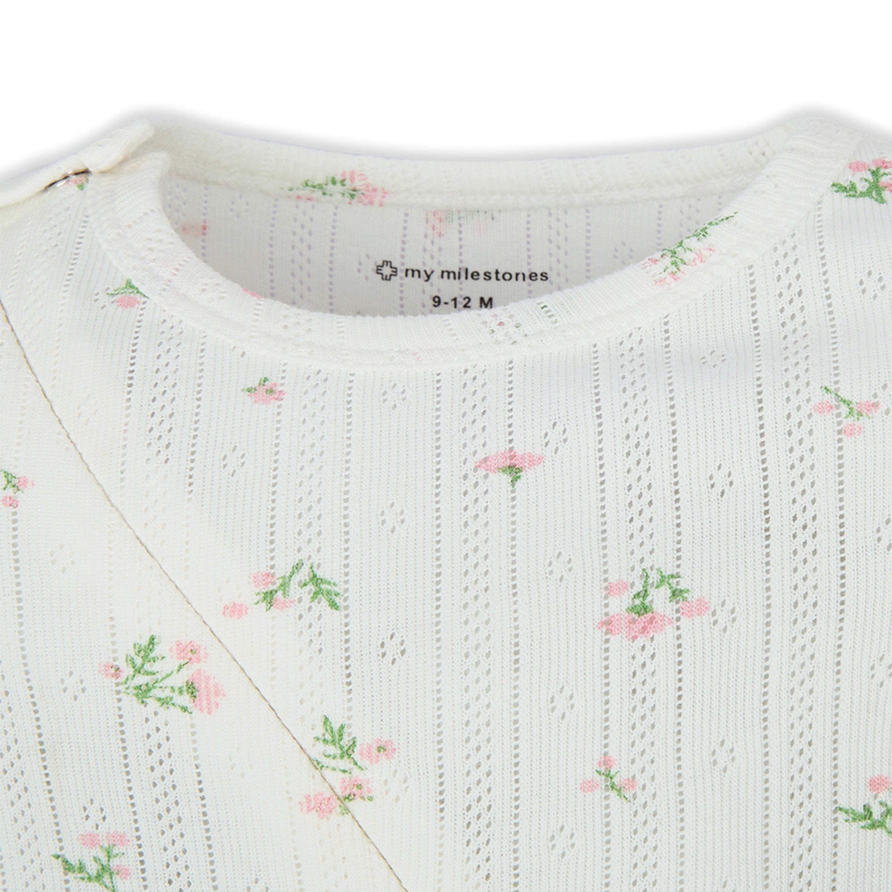 My Milestones Bio-Wash Pointelle Long Sleeves 2-Way Zipper Romper in Petite Petals Print - Off White