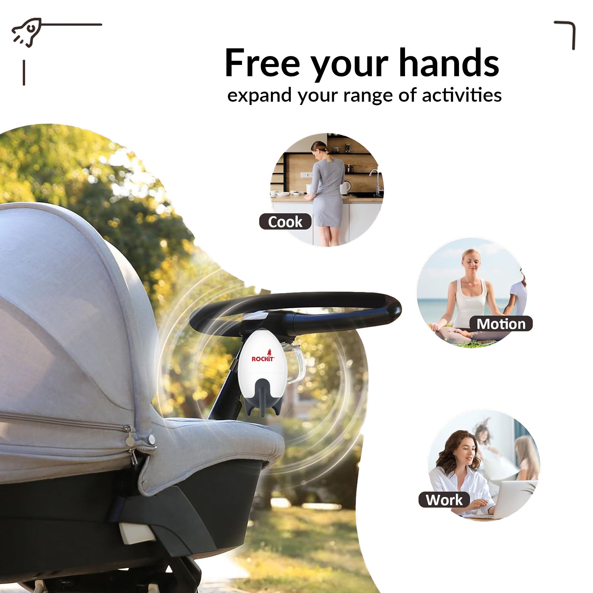 Rockit Rocker - Portable & Rechargeable Stroller Rocker - Hands Free Baby Sleep Aid Compatible with all Strollers - Black & White