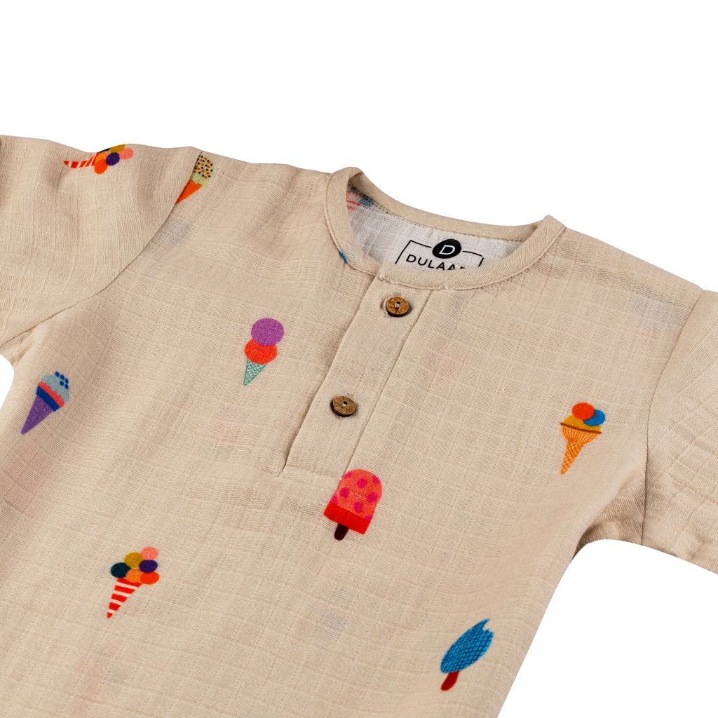 Beige baby romper with colorful ice cream patterns on a white background