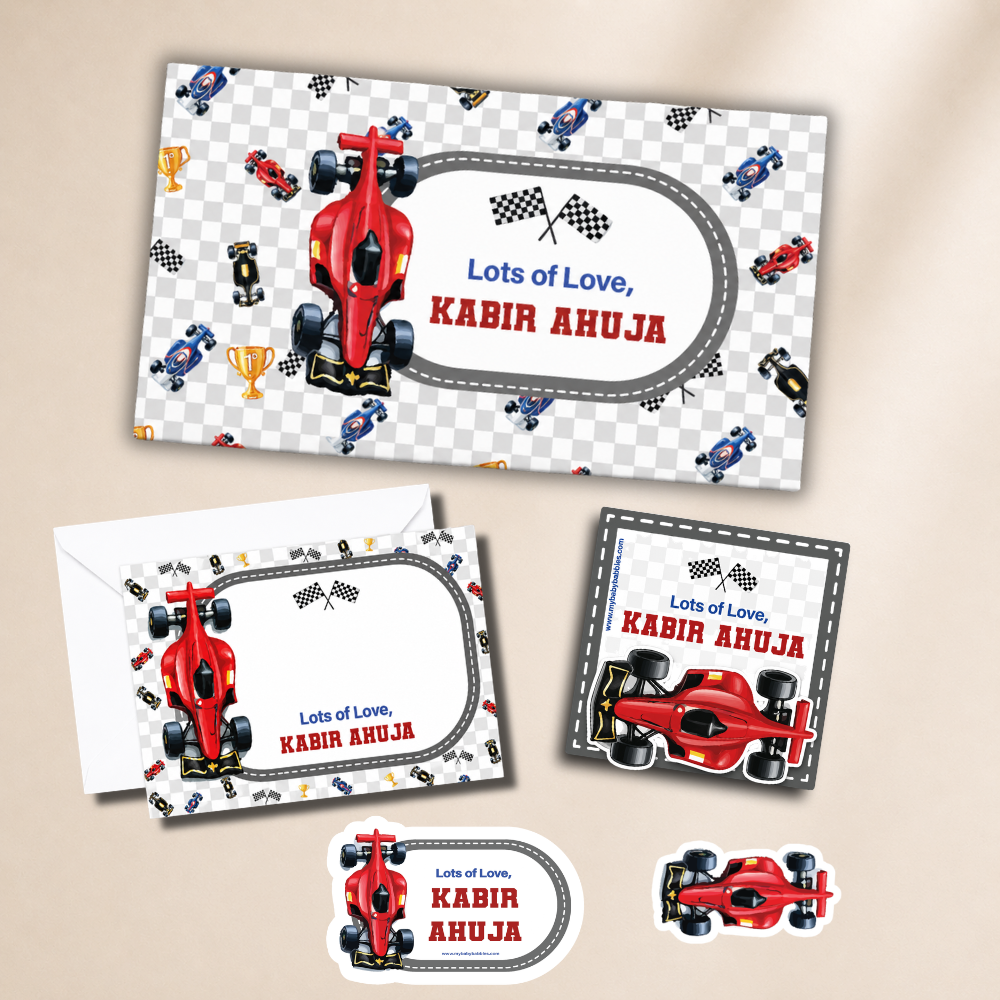 Collection of personalized stationery items with a race car theme on a beige background