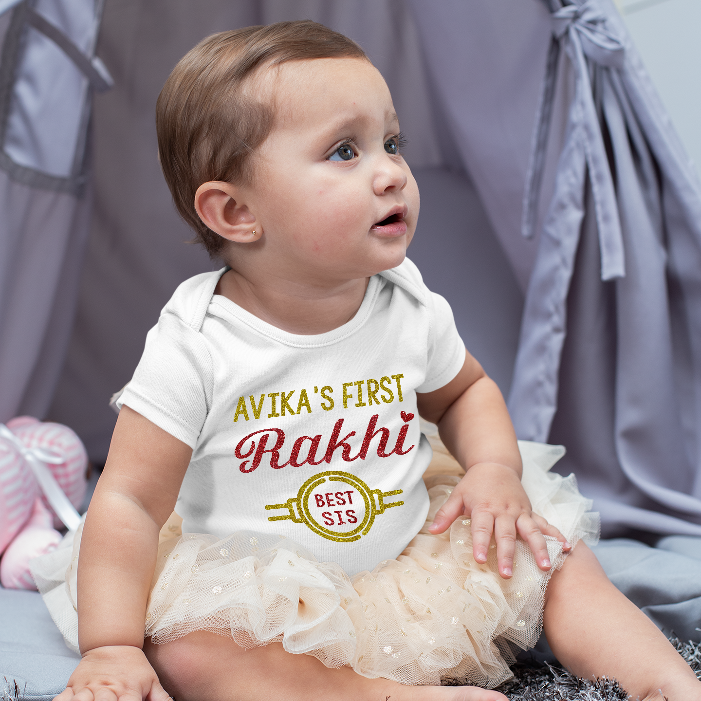 My First Rakhi Personalised White Onesie / Romper / Tshirt - Best Sis - Glitter