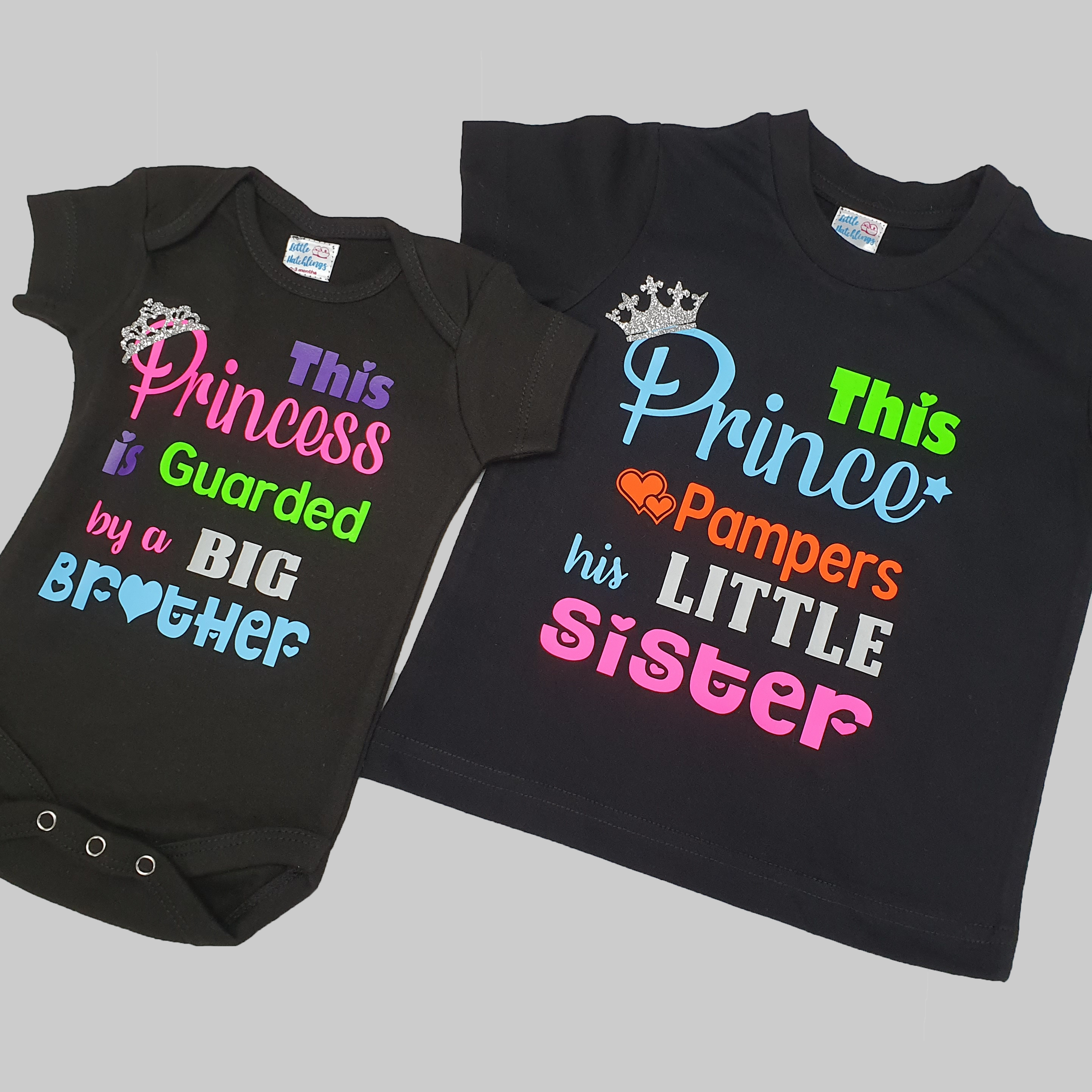Prince Pampers Lil Sis + Princess Guarded by Big Bro Black Onesie Tshirt Combo
