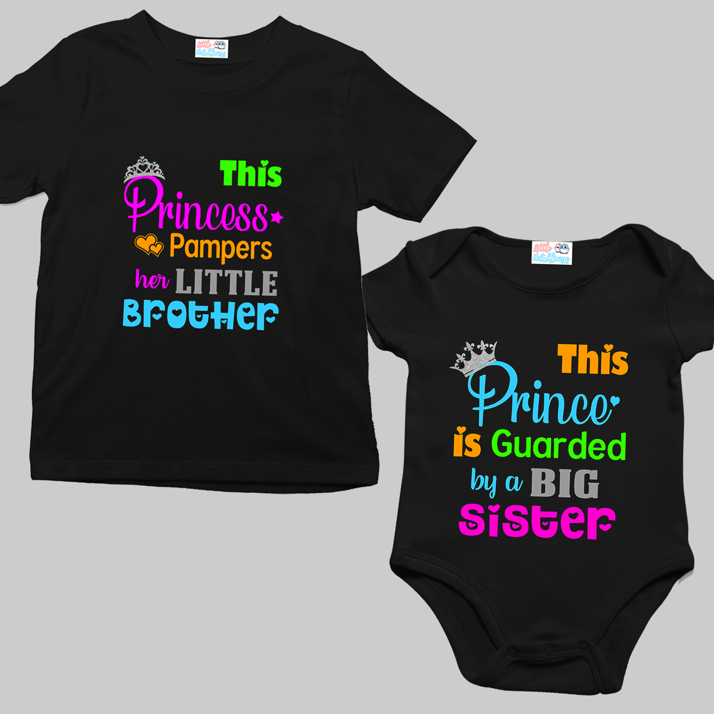 Princess Pampers Lil Bro + Prince Guarded by Big Sis Black Onesie Tshirt Combo