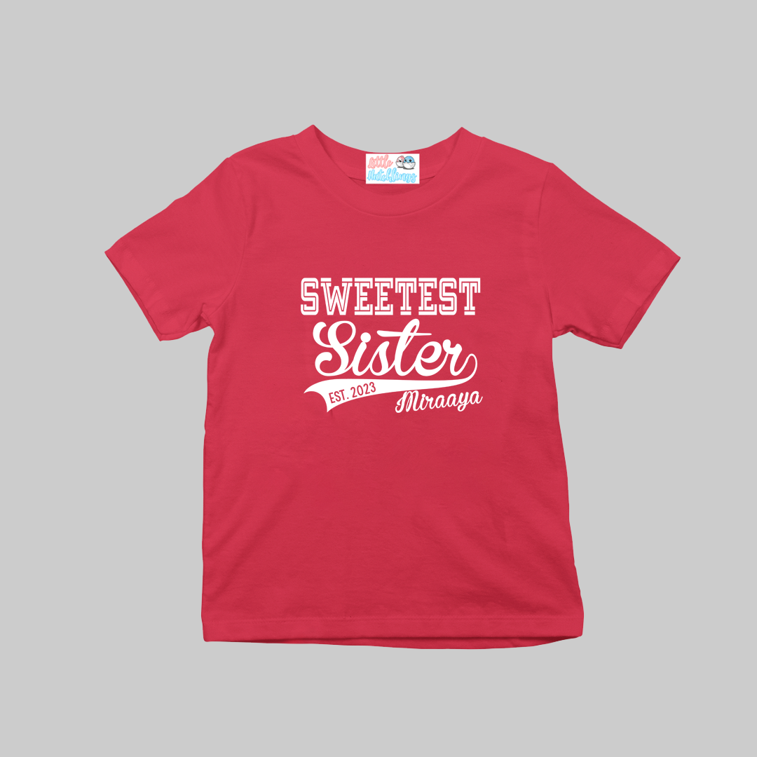 Sweetest Sister Red Onesie / Romper / Tshirt - Birth Year & Name