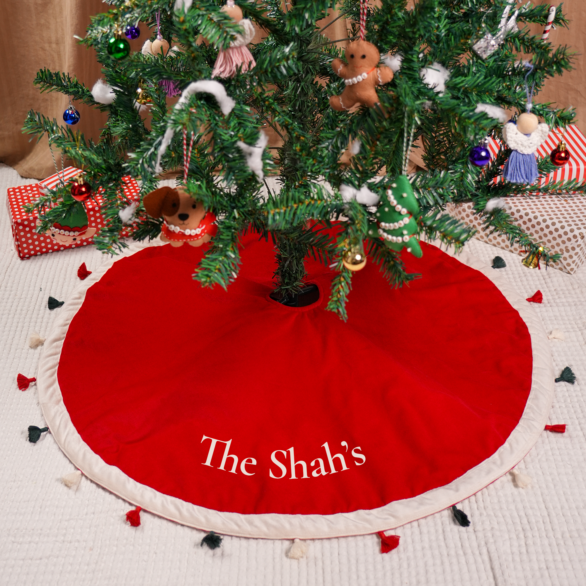Personalised Red Velvet Tree Skirt with Tassels