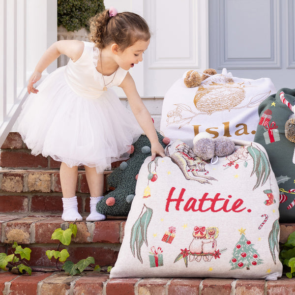 May Gibbs Santa Sack - Base: Stone Marl; Letter: Red