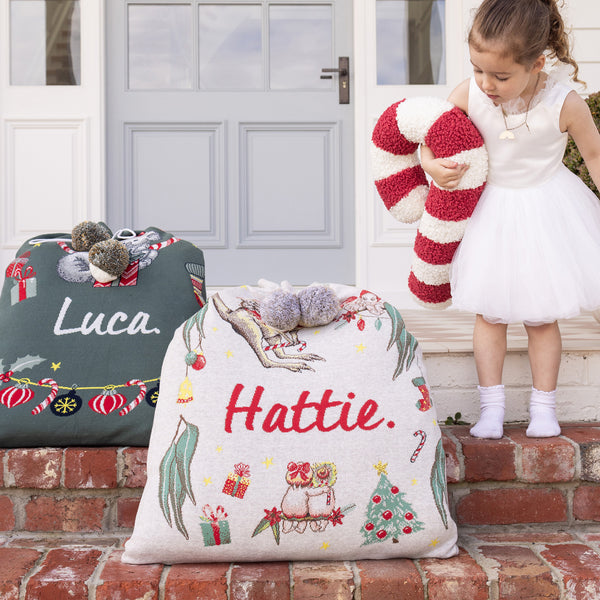 May Gibbs Santa Sack - Base: Stone Marl; Letter: Red