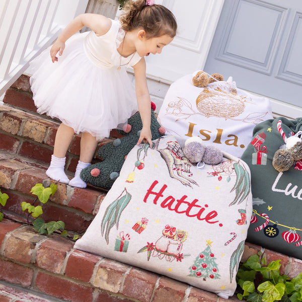 May Gibbs Santa Sack - Base: Stone Marl; Letter: Red