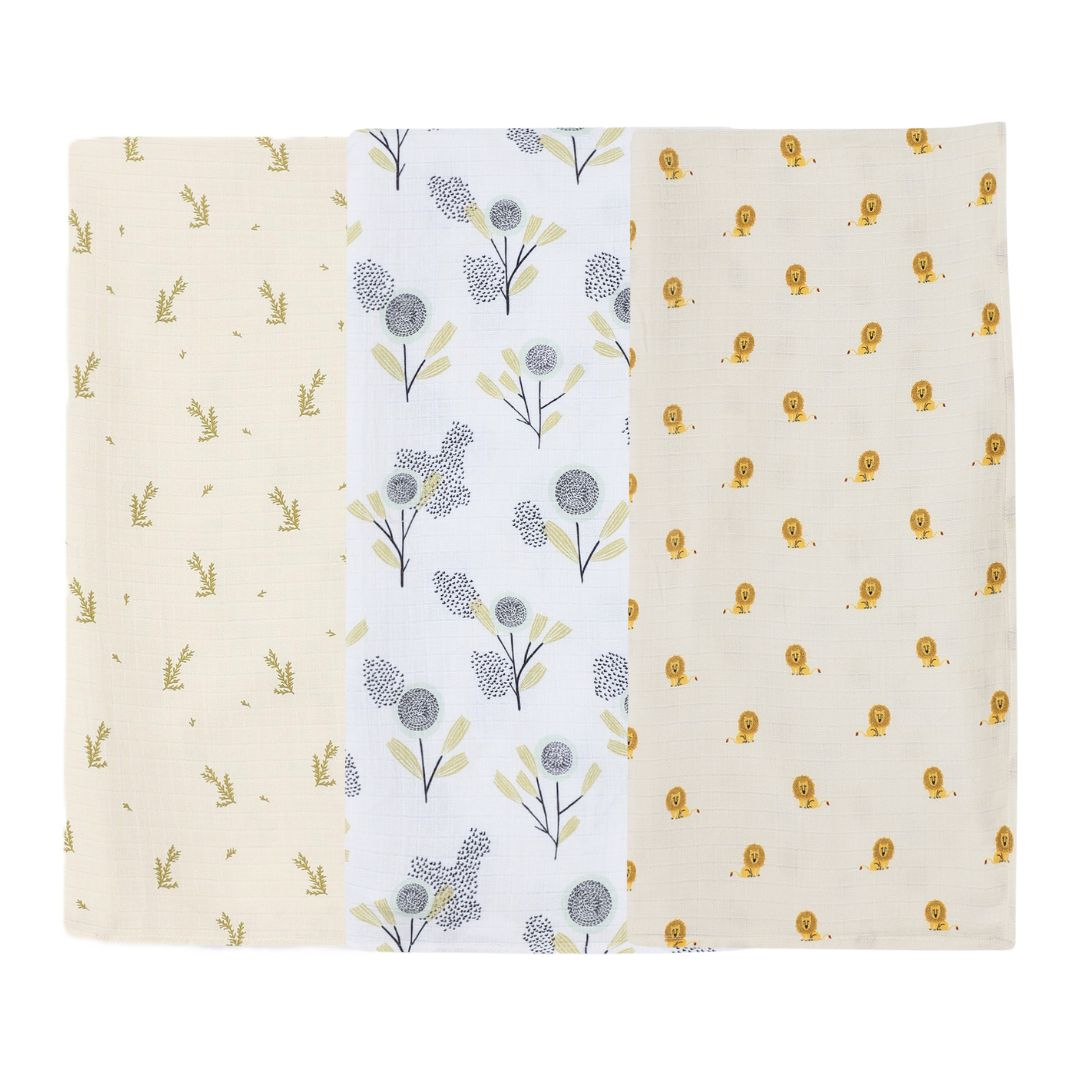 Dulaar Organic Muslin Swaddle (Set of 3) - Green Zen + The Sparrow and Flower + Just Lion Around