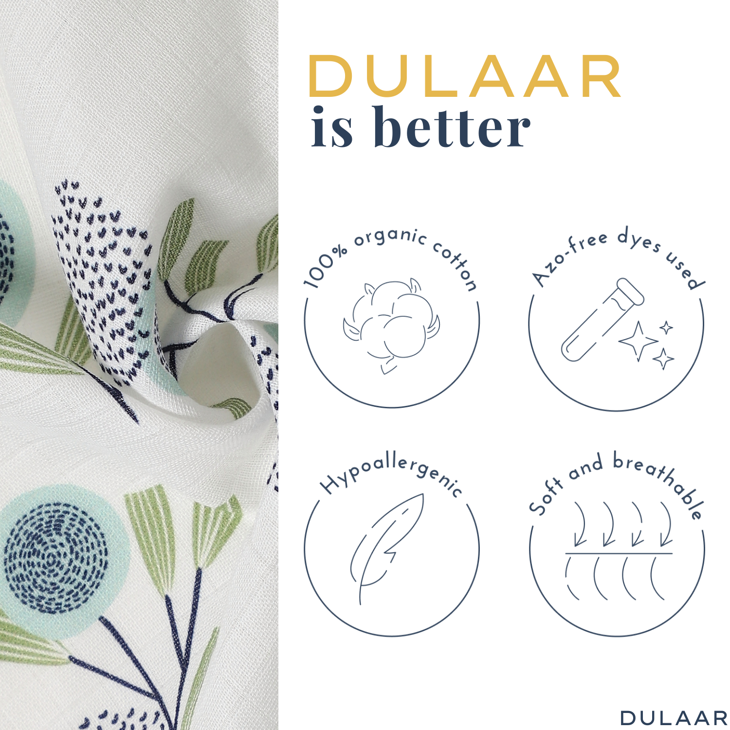 Dulaar Organic Muslin Swaddle (Set of 3) - Green Zen + The Sparrow and Flower + Just Lion Around