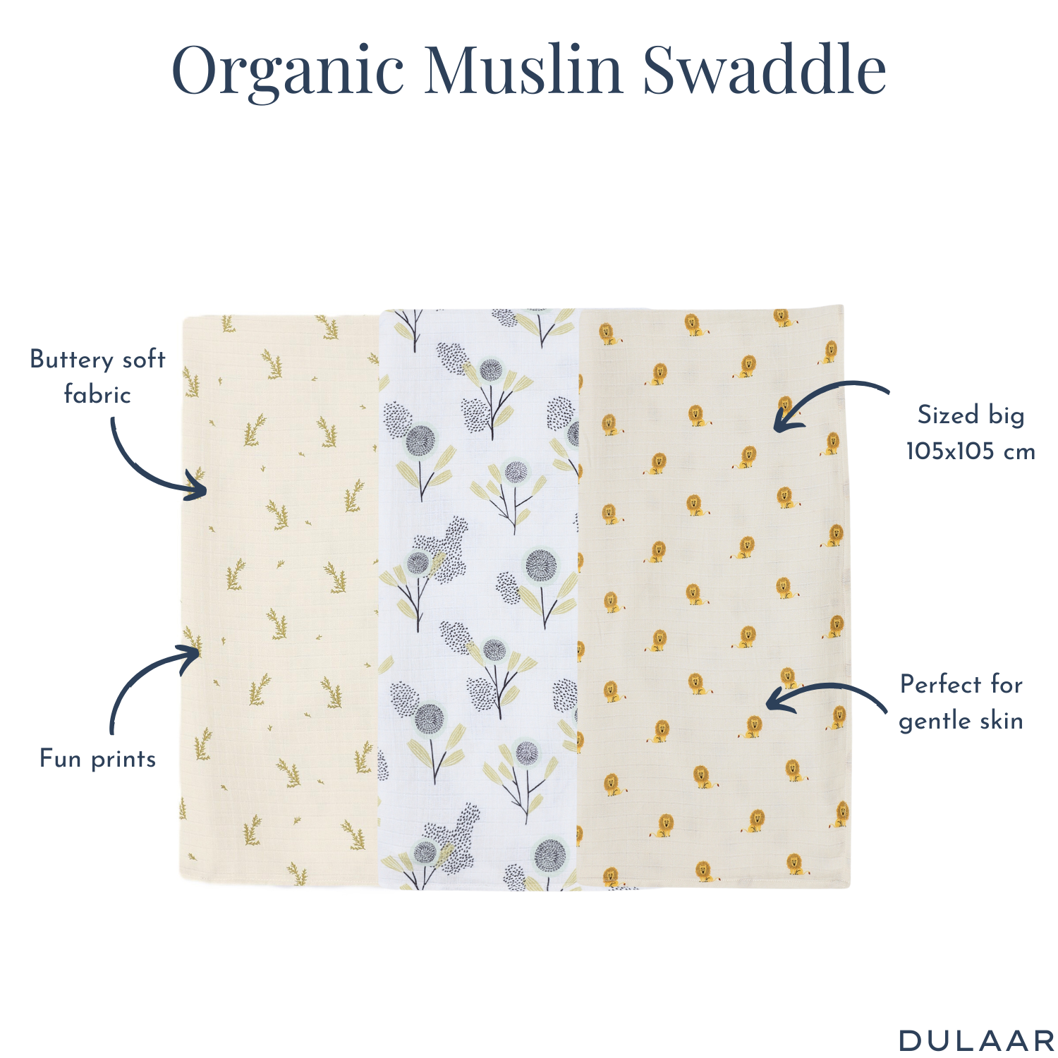 Dulaar Organic Muslin Swaddle (Set of 3) - Green Zen + The Sparrow and Flower + Just Lion Around