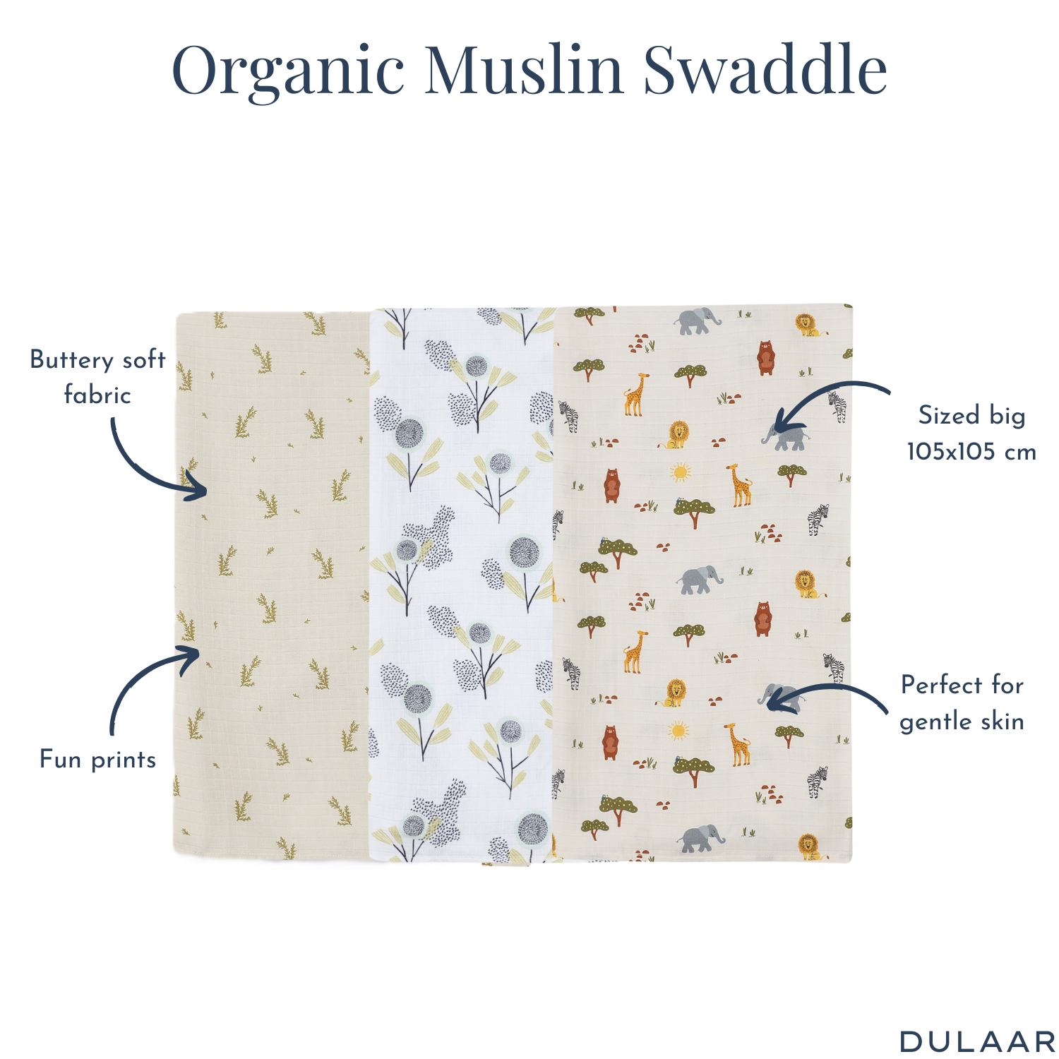 Dulaar Organic Muslin Swaddle (Set of 3)
