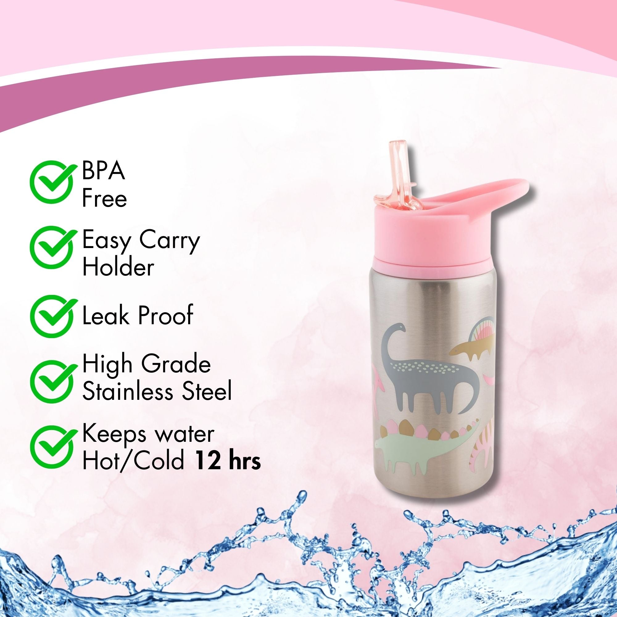 Stainless Steel Water Bottles Pink Dino