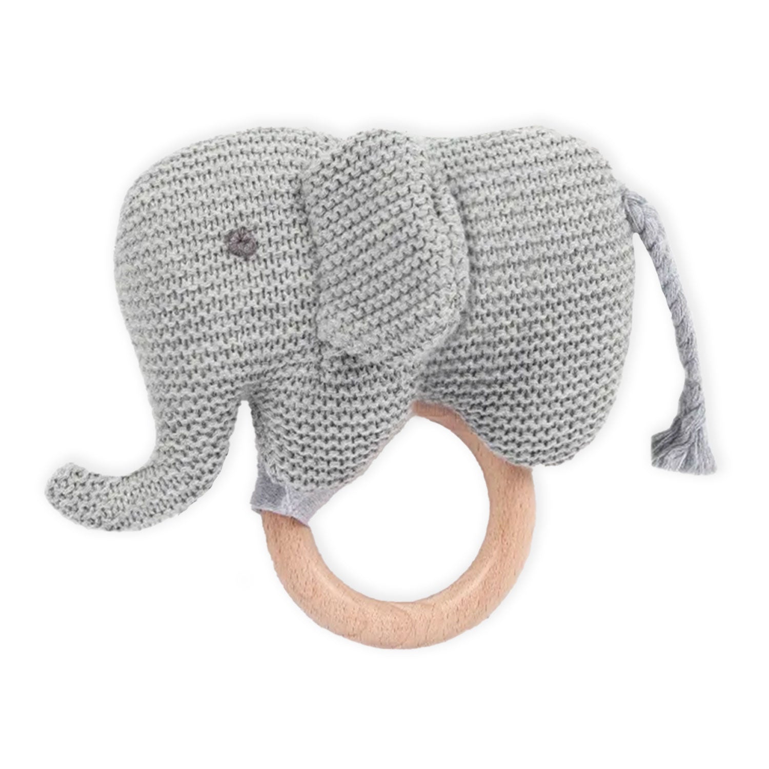 Baby Moo Elephant Wooden Teething Ring Soft Knitted Handheld Rattle - Grey