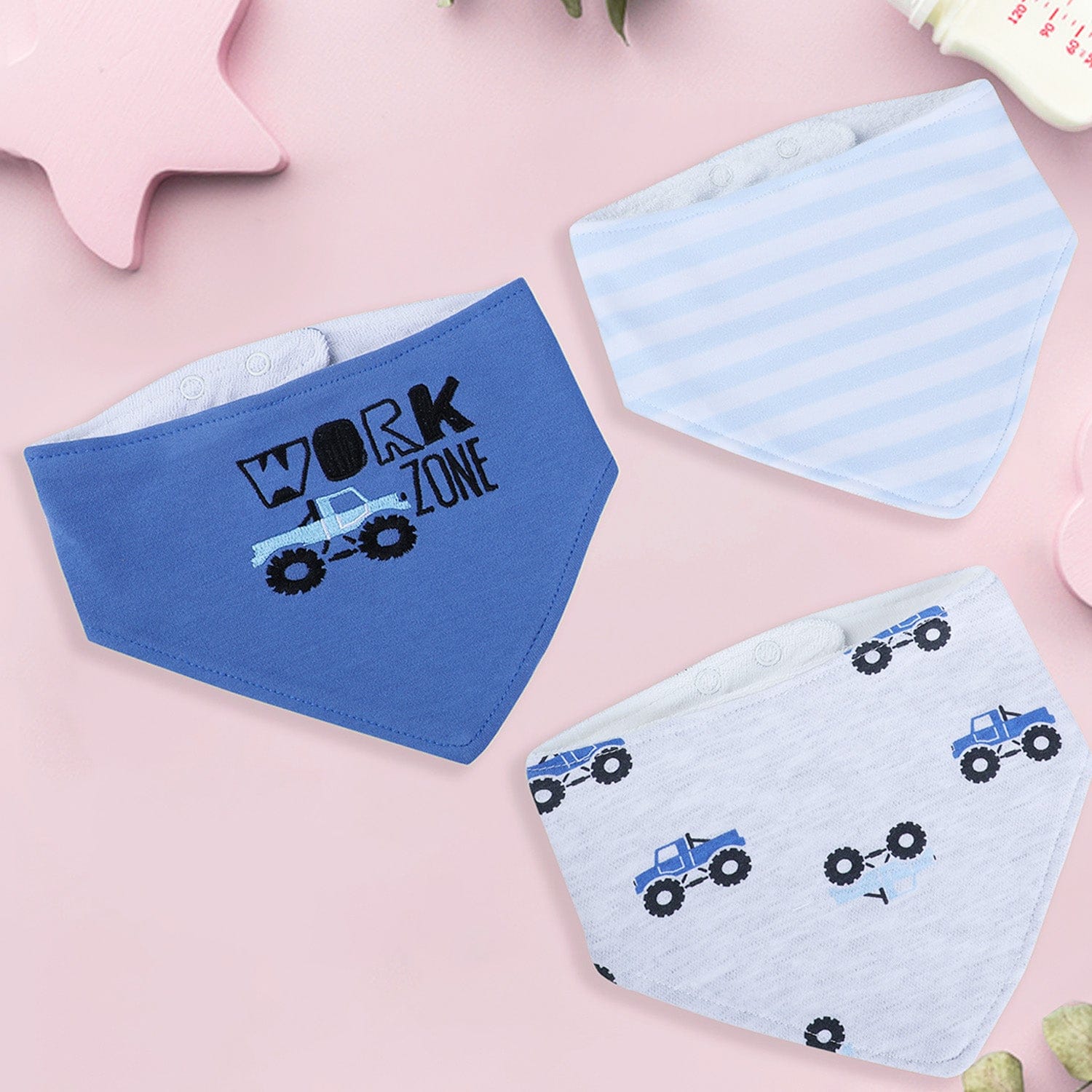 Baby Moo Truck Work Zone Cotton 3 Pack Bandana Bibs - Blue - Baby Moo