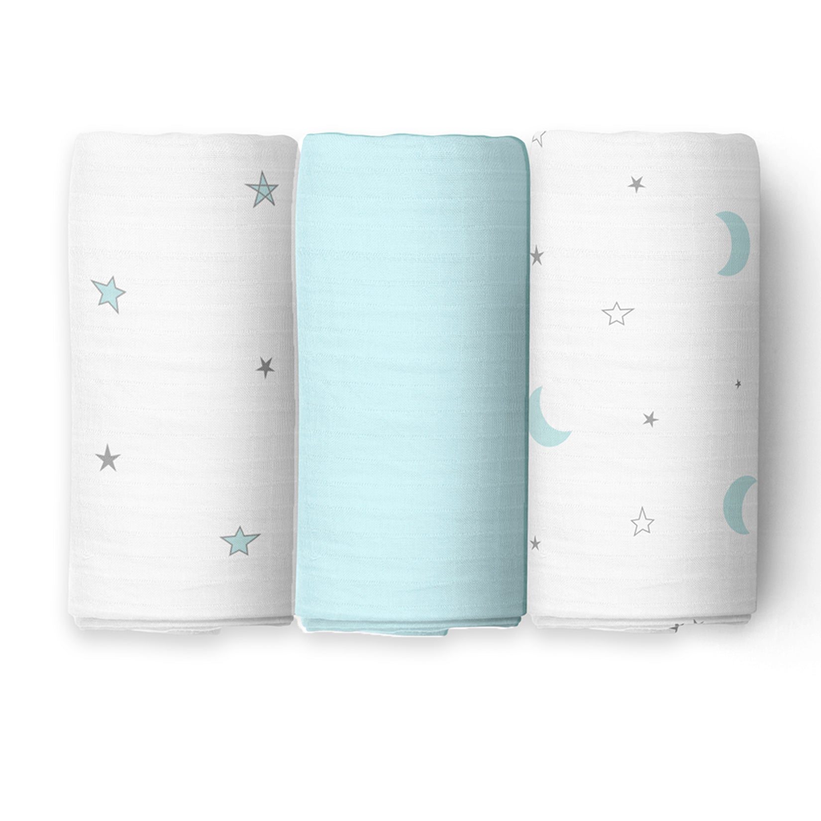 The White Cradle Baby Nursery Swaddle Blanket Wrap 3pcs Pure Organic Cotton Double Layer Muslin Cloth - Blue & Grey