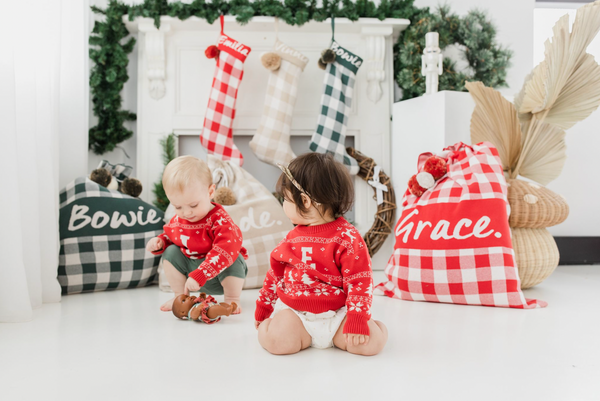 Gingham Christmas Stocking - Base: Red; Letter: Oatmeal
