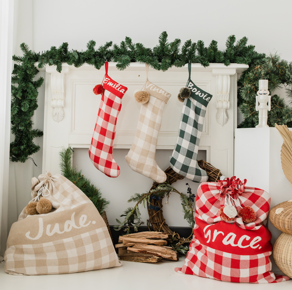 Gingham Christmas Stocking - Base: Light Camel; Letter: Oatmeal Marle