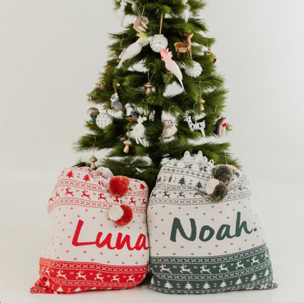 Fair Isle Santa Sack - Base: Stone Marle; Letter: Dark Forest