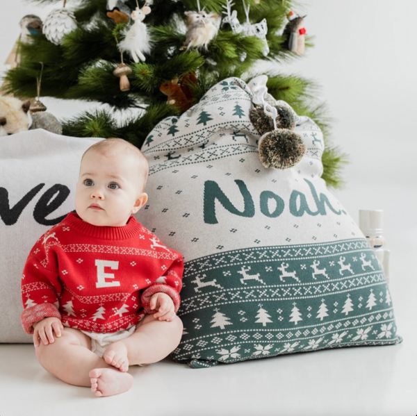 Fair Isle Santa Sack - Base: Stone Marle; Letter: Dark Forest