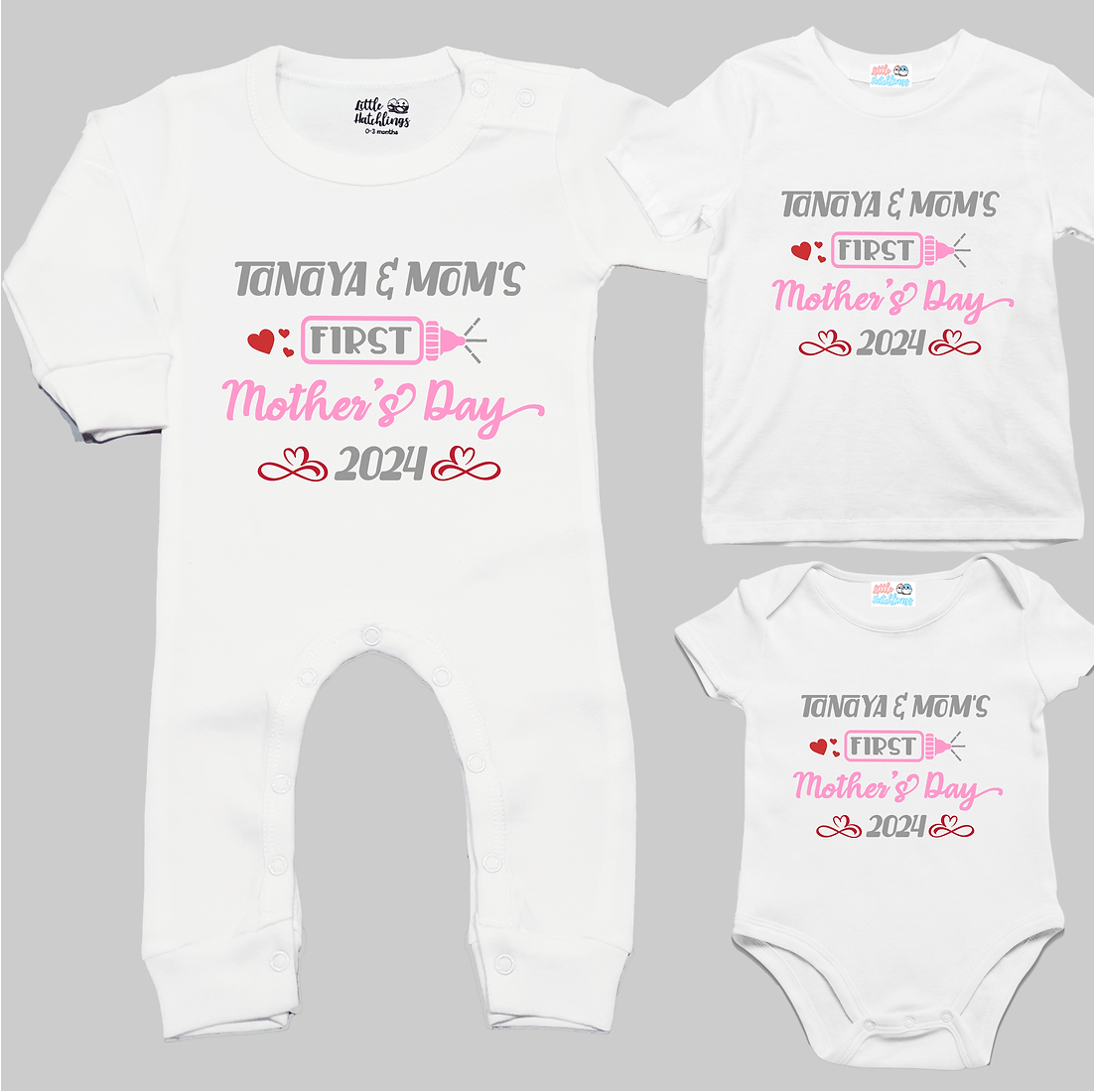 First Mother's Day Personalised - White - Onesie / Romper / Tshirt (Bottle Hearts)