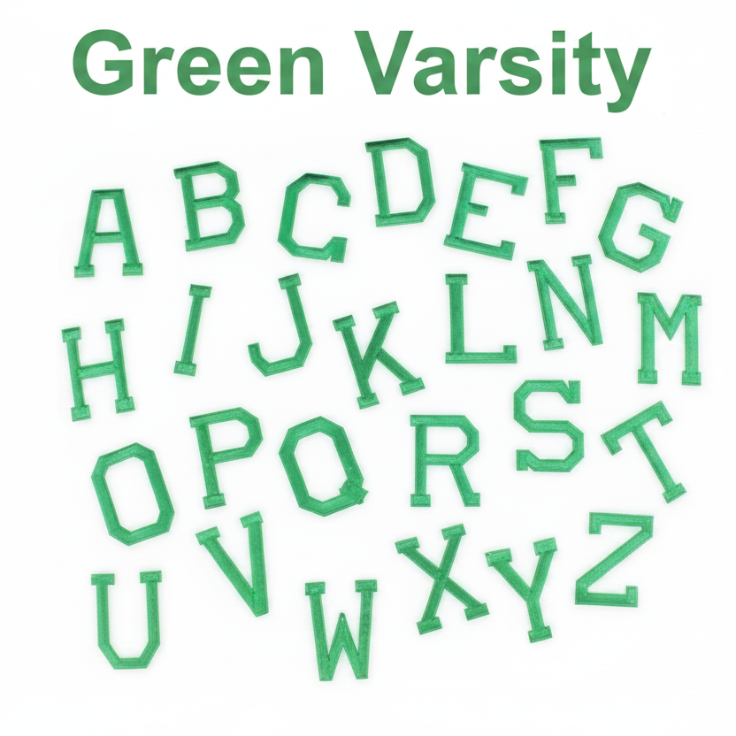 Green lettering of the alphabet on a white background with 'Green Varsity' text at the top.