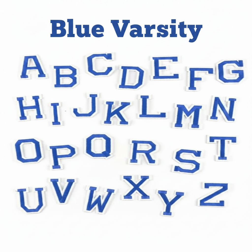 Blue letter stamps from A to Z on a white background with 'Blue Varsity' text at the top.