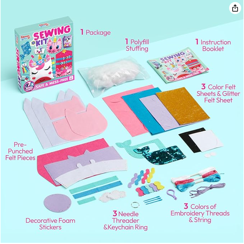 My First Sewing Kit for Beginner Kids Ages 3-10, 6 Easy DIY Projects of Stuffed Animal theme & Plush Pillow Craft, Pre-Punched Felt & Instructions, Gift for Girls Boys, Learn to Sew, Embroidery – Default Title
