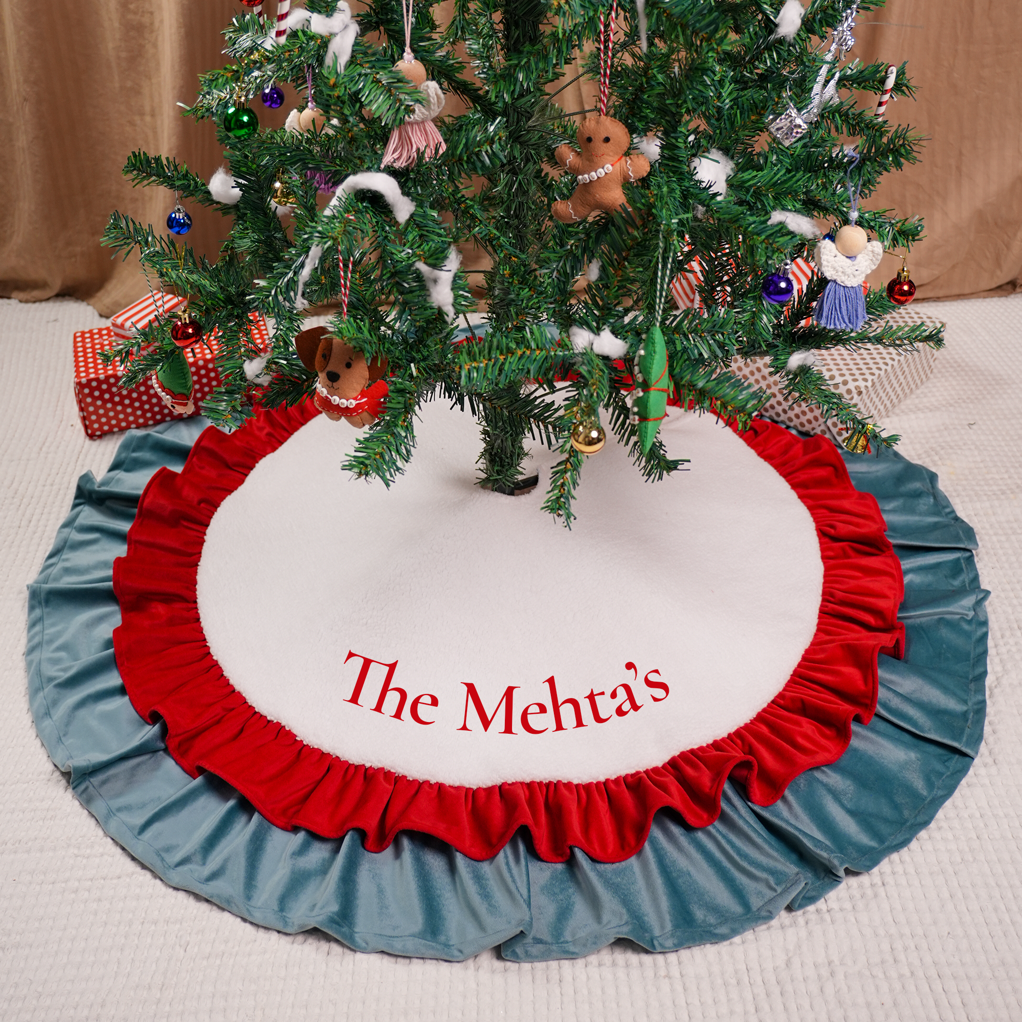Personalised Sherpa Tree Skirt with Velvet Frills