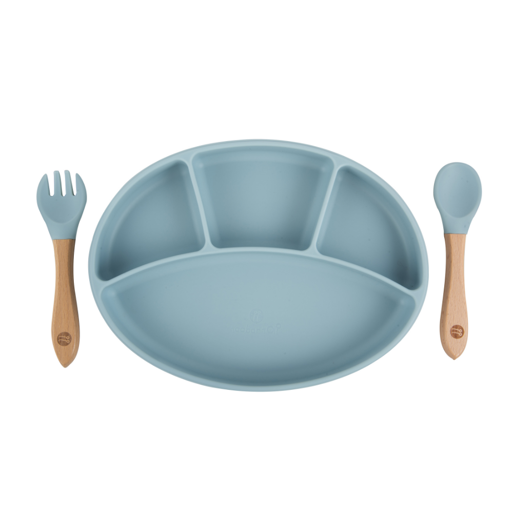 Silicone Oval Plate With Suction + Bamboo Spoon And Fork Set- Blue