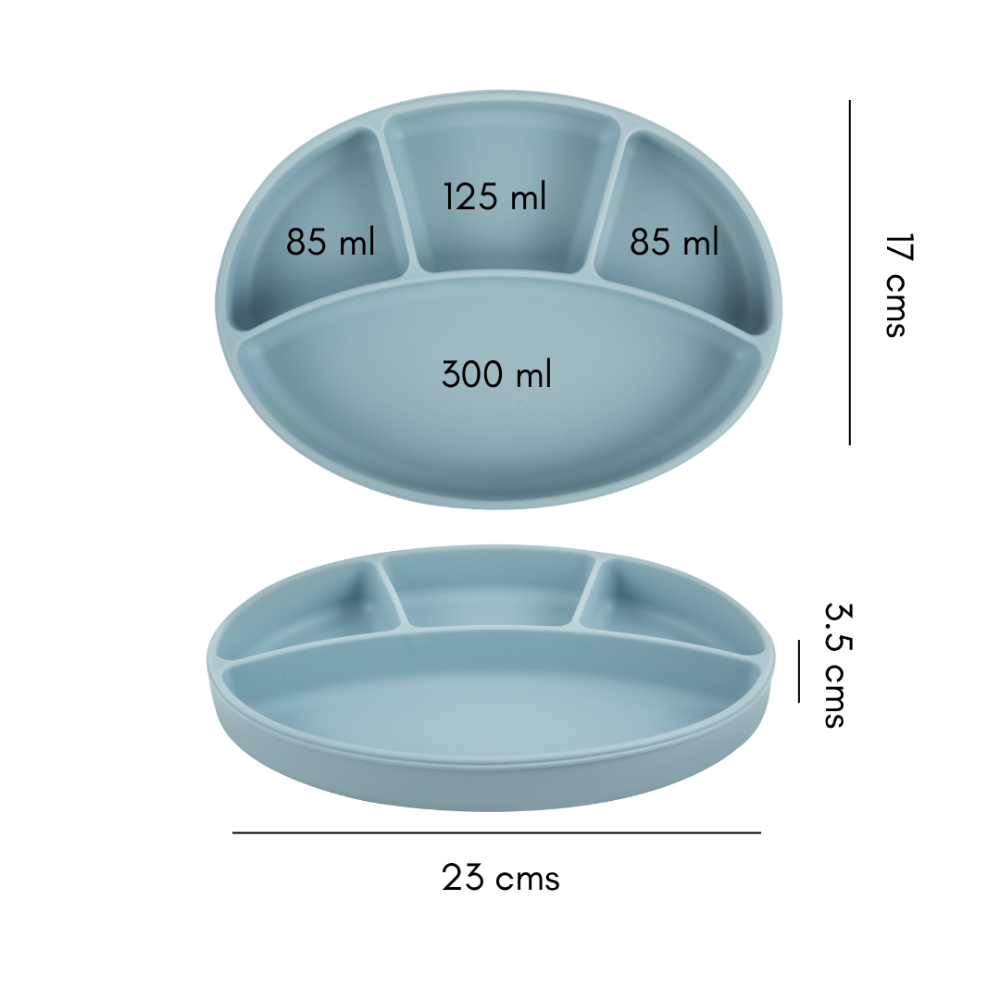 Silicone Oval Plate With Suction + Bamboo Spoon And Fork Set- Blue