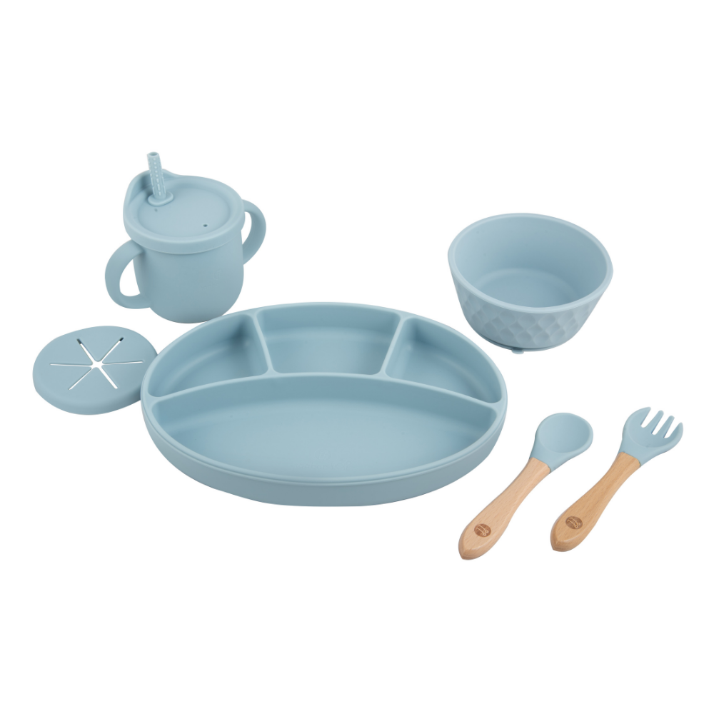 Silicone Oval Plate With Suction + Bamboo Spoon And Fork Set- Blue