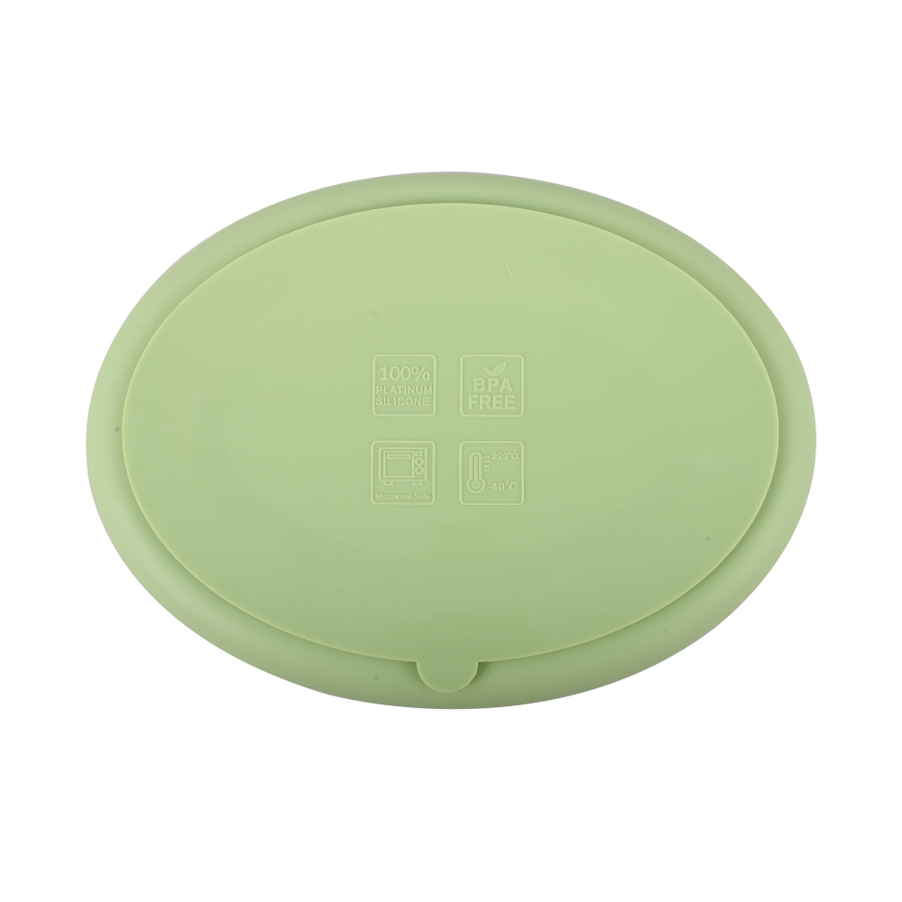 Silicone Oval Plate With Suction + Bamboo Spoon And Fork Set- Green