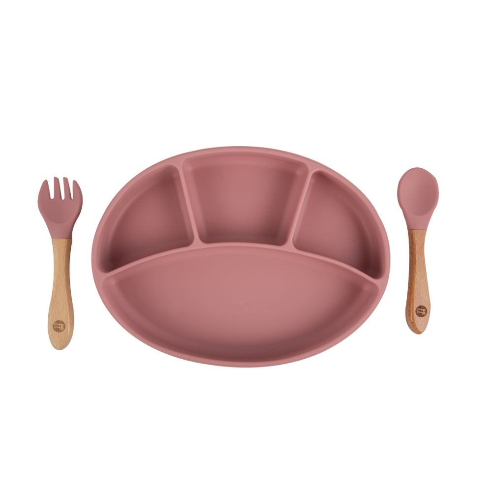 Silicone Oval Plate With Suction + Bamboo Spoon And Fork Set  - Pink