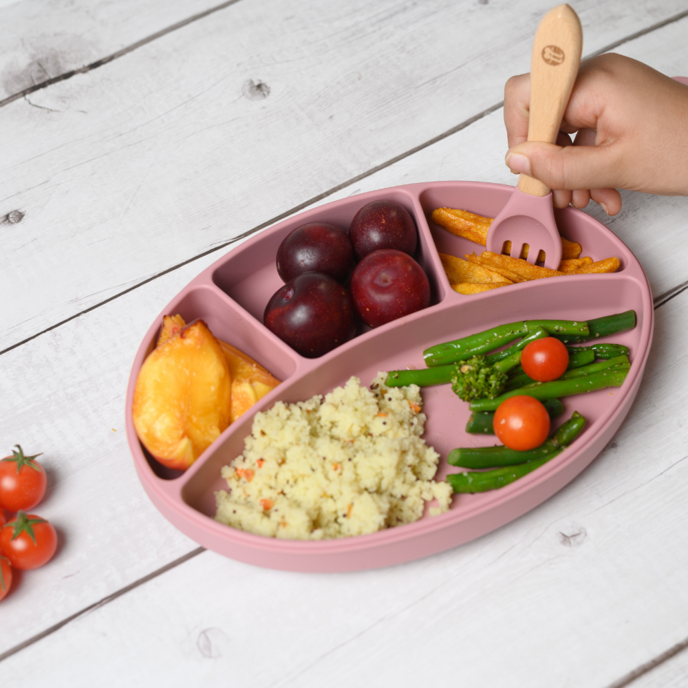 Silicone Oval Plate With Suction + Bamboo Spoon And Fork Set  - Pink