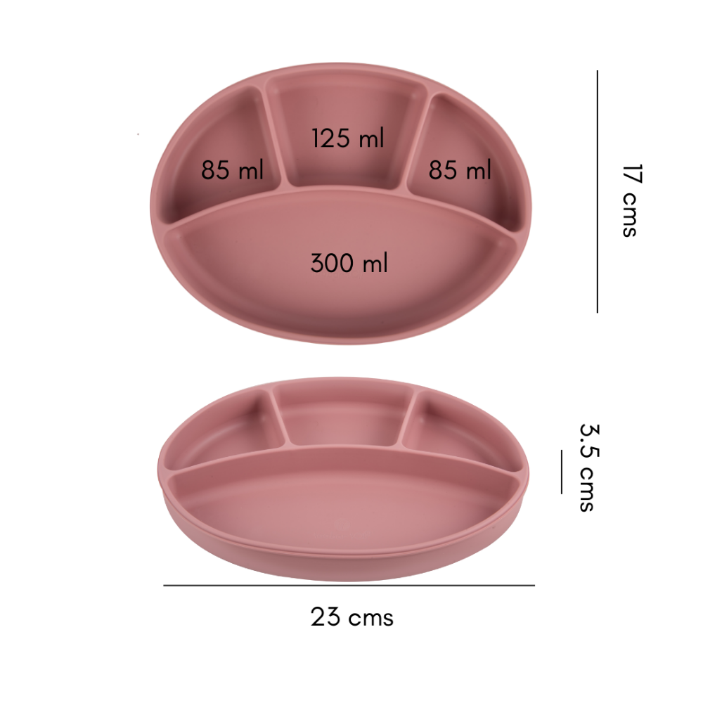 Silicone Oval Plate With Suction + Bamboo Spoon And Fork Set  - Pink