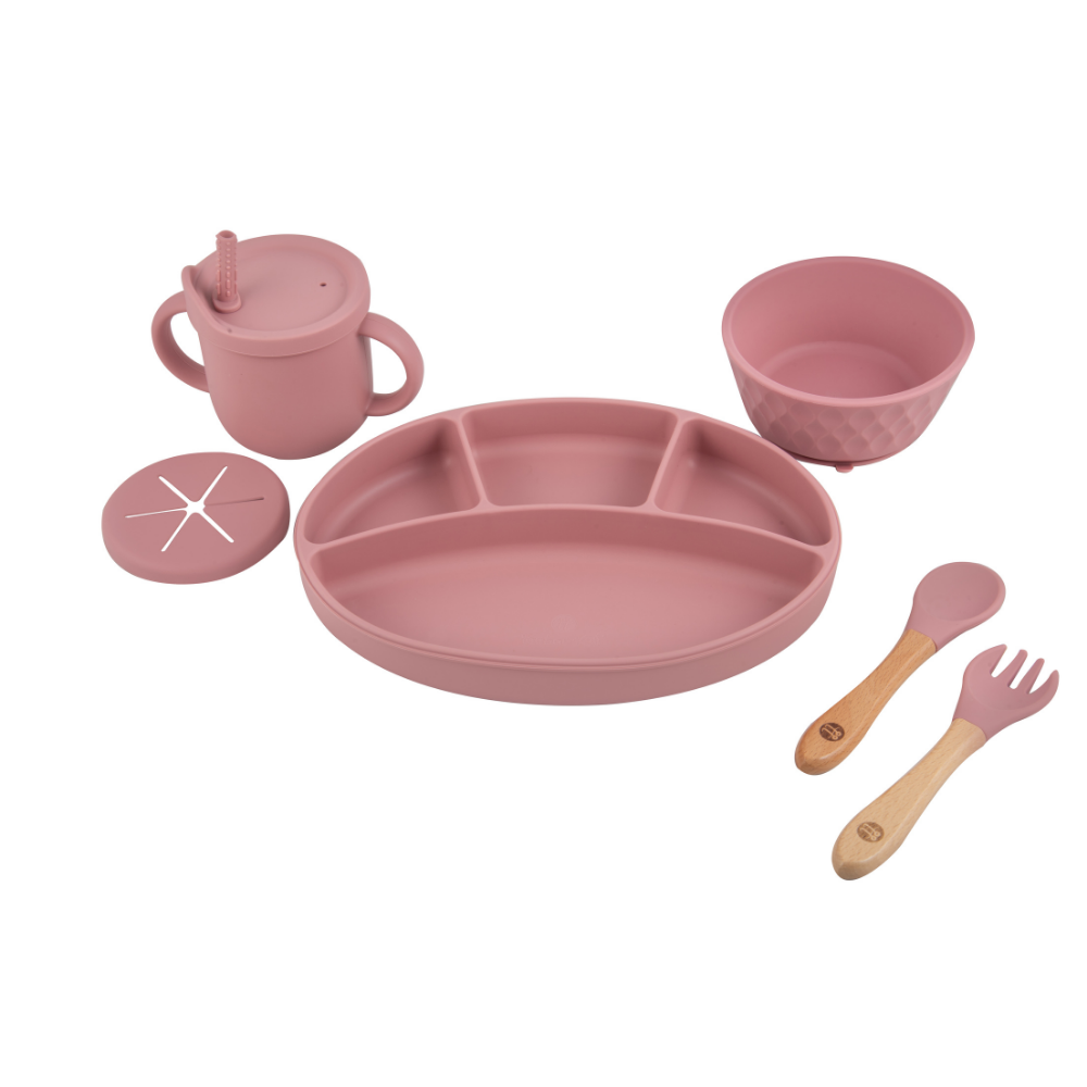 Silicone Oval Plate With Suction + Bamboo Spoon And Fork Set  - Pink