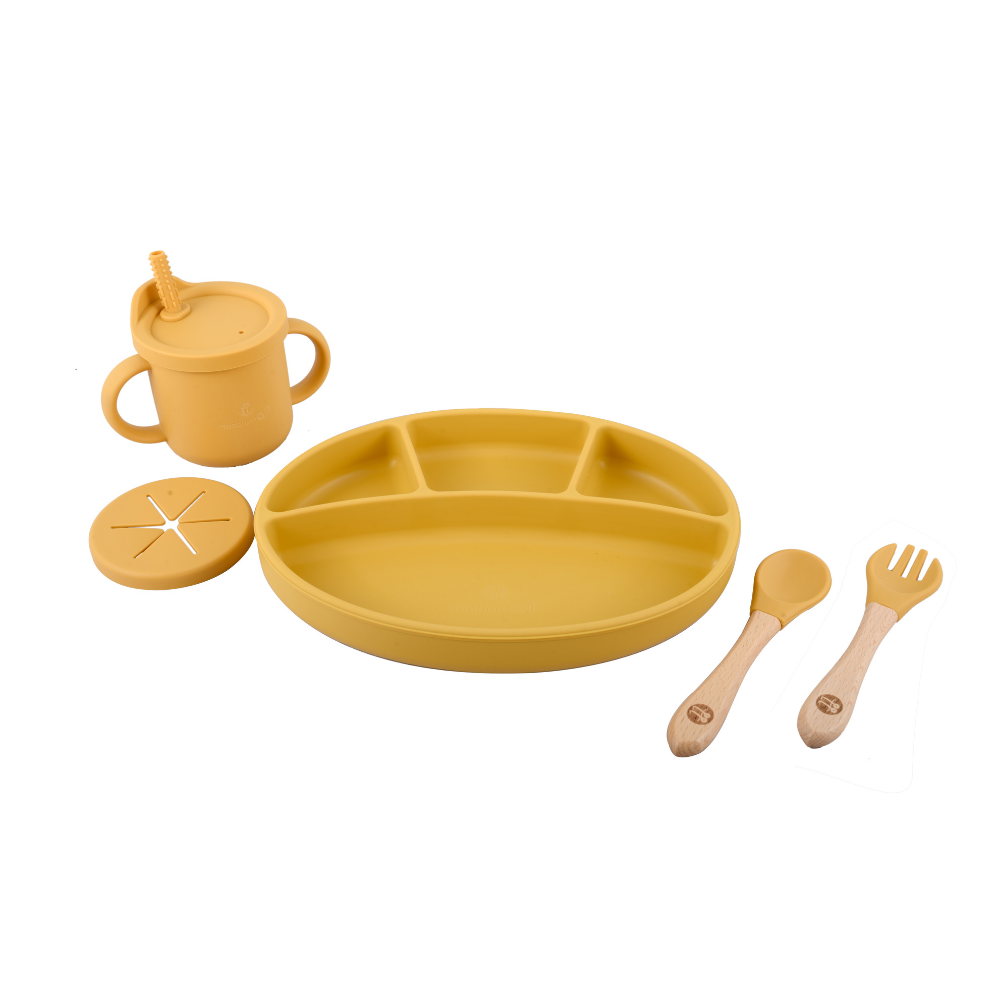 Silicone Oval Plate With Suction + Bamboo Spoon And Fork Set- Yellow