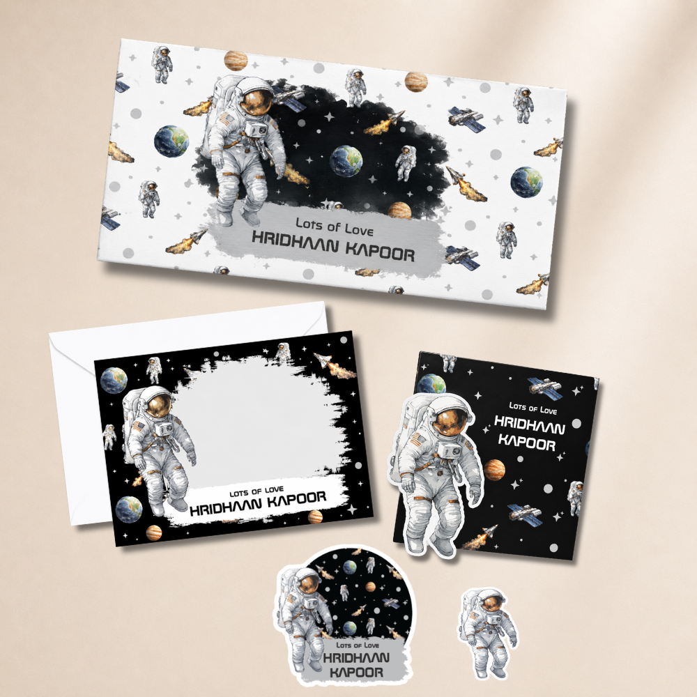 Space-themed stationery set with astronaut design on a beige background