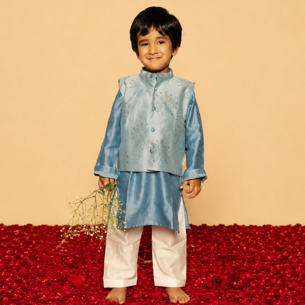 Chanderi Kurta Pyjama & Bandi Set | Hand-Block Printed