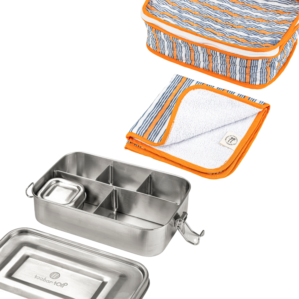 Stainless Steel 5 Section Bento Lunch Box With dip Container ,Cover And Napkin - Stripes