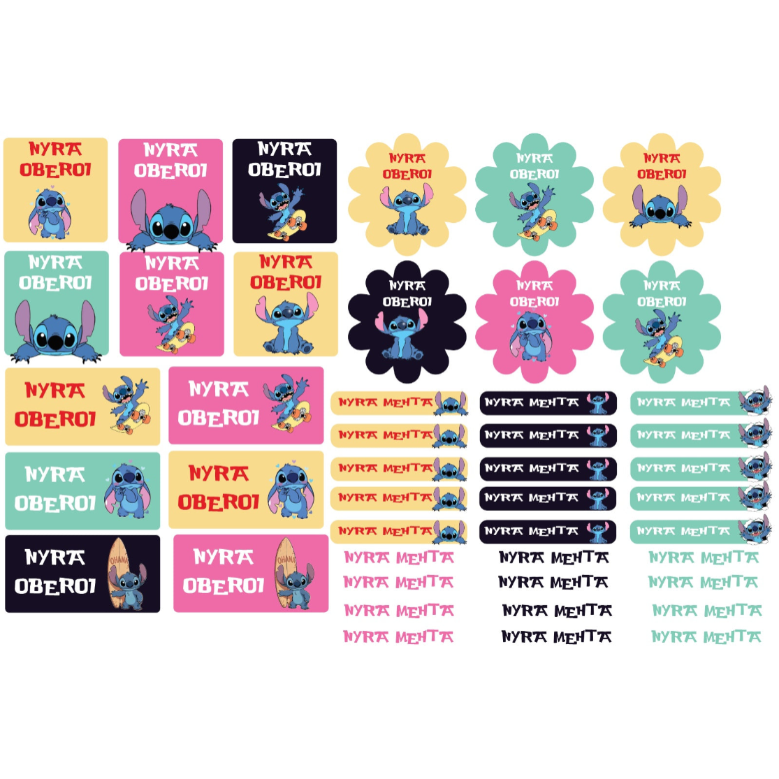 A sticker sheet featuring multiple colorful custom name labels with a blue cartoon alien character in different poses. The designs include square, rectangular, flower-shaped, and narrow name-tag stickers in yellow, pink, teal, and black backgrounds with bold text reading “NYRTA OBERO1” and “NYRTA MEHTA.”