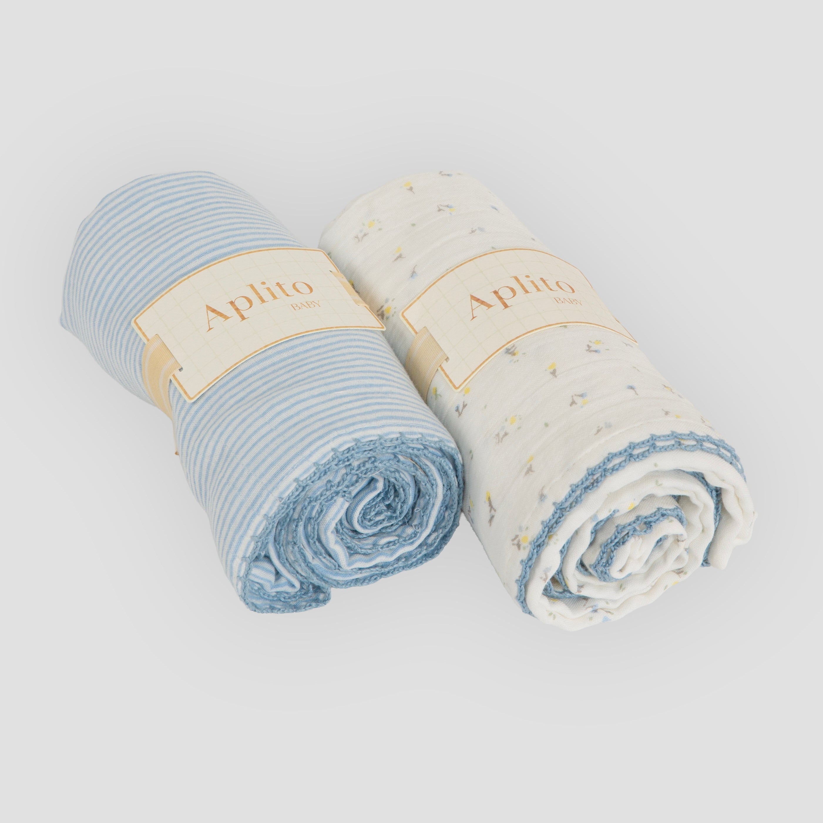Two rolls of yarn, one blue and one beige, with 'Apollo' branding on a light gray background.
